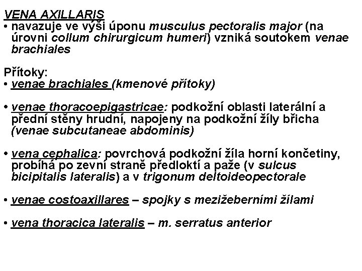 VENA AXILLARIS • navazuje ve výši úponu musculus pectoralis major (na úrovni collum chirurgicum