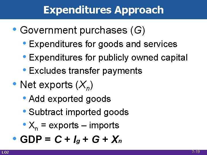 Expenditures Approach • Government purchases (G) • Expenditures for goods and services • Expenditures