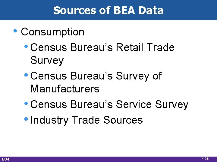 Sources of BEA Data • Consumption • Census Bureau’s Retail Trade Survey • Census