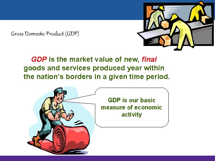Gross Domestic Product (GDP) GDP is the market value of new, final goods and