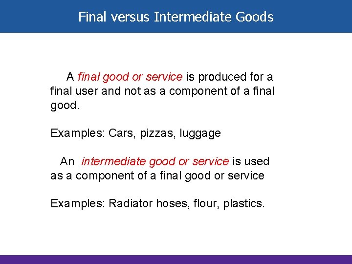 Final versus Intermediate Goods A final good or service is produced for a final