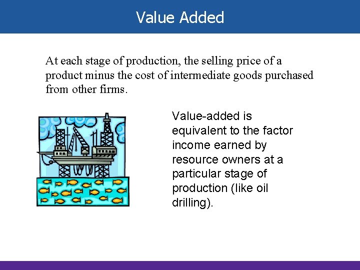 Value Added At each stage of production, the selling price of a product minus