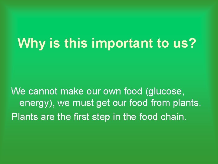 Why is this important to us? We cannot make our own food (glucose, energy),