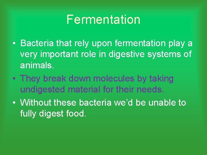 Fermentation • Bacteria that rely upon fermentation play a very important role in digestive