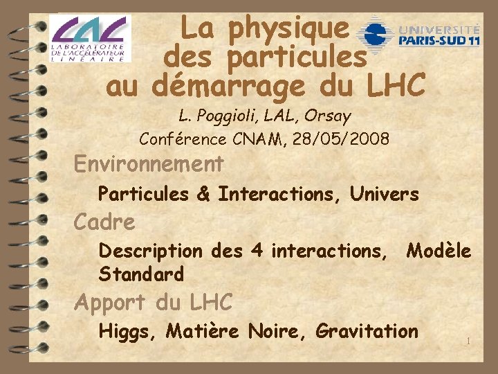 La physique des particules au démarrage du LHC L. Poggioli, LAL, Orsay Conférence CNAM,