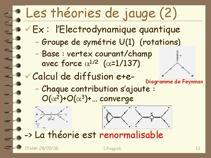 Les théories de jauge (2) ü Ex : l’Electrodynamique quantique – Groupe de symétrie