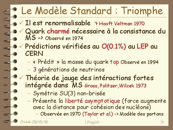 Le Modèle Standard : Triomphe ü Il est renormalisable ‘t Hooft Veltman 1970 ü