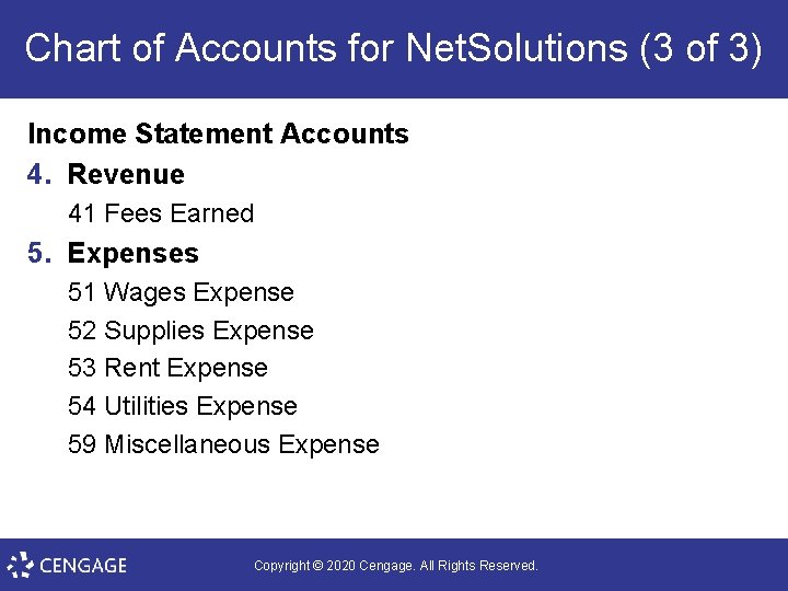 Chart of Accounts for Net. Solutions (3 of 3) Income Statement Accounts 4. Revenue