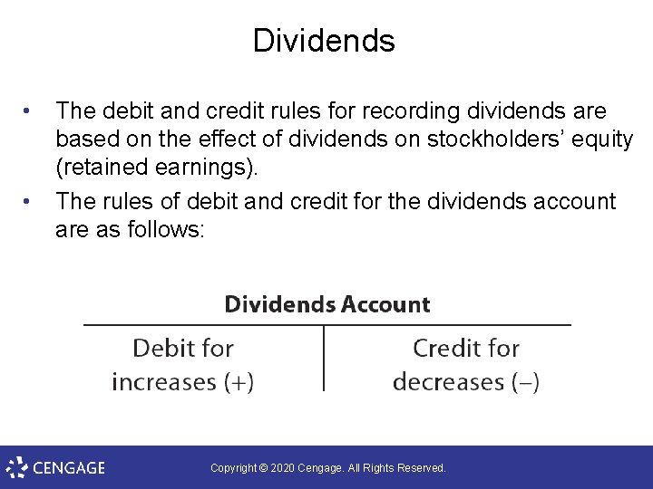 Dividends • • The debit and credit rules for recording dividends are based on