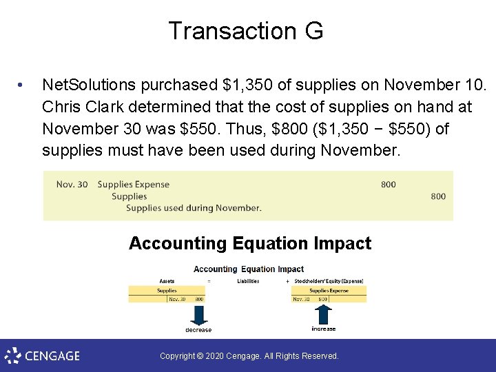Transaction G • Net. Solutions purchased $1, 350 of supplies on November 10. Chris