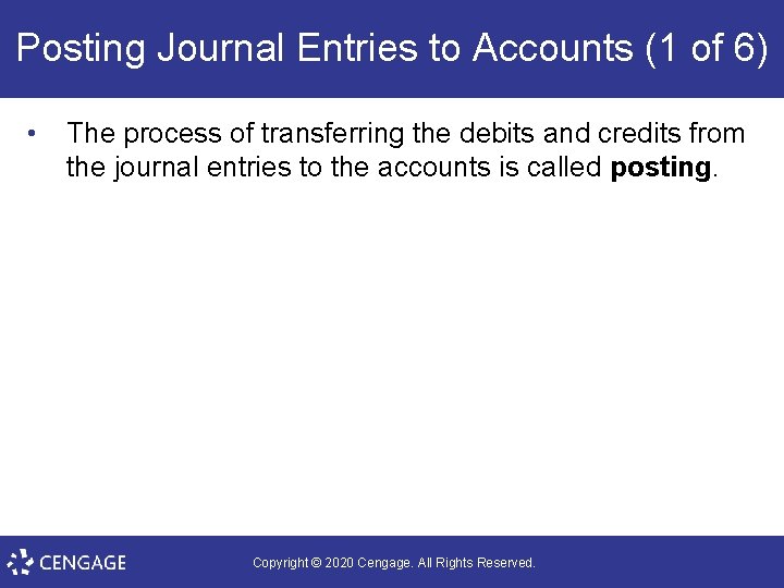Posting Journal Entries to Accounts (1 of 6) • The process of transferring the