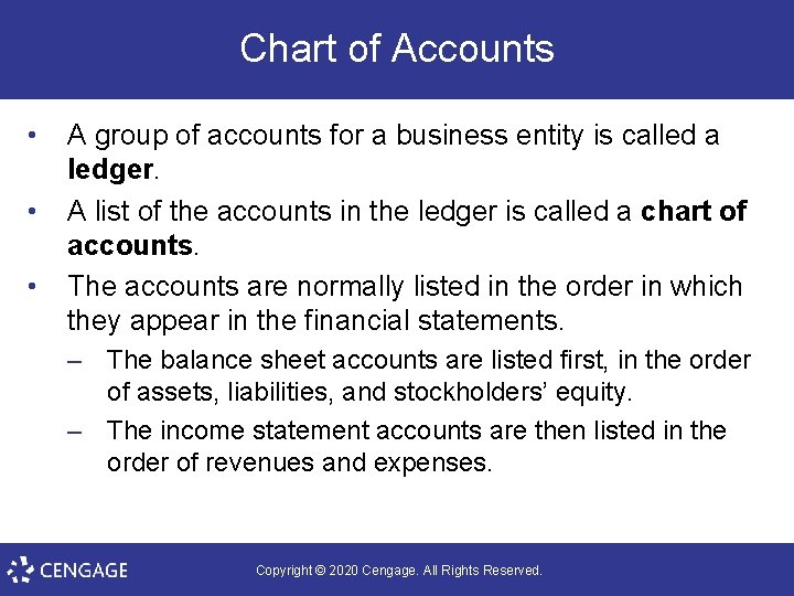 Chart of Accounts • • • A group of accounts for a business entity