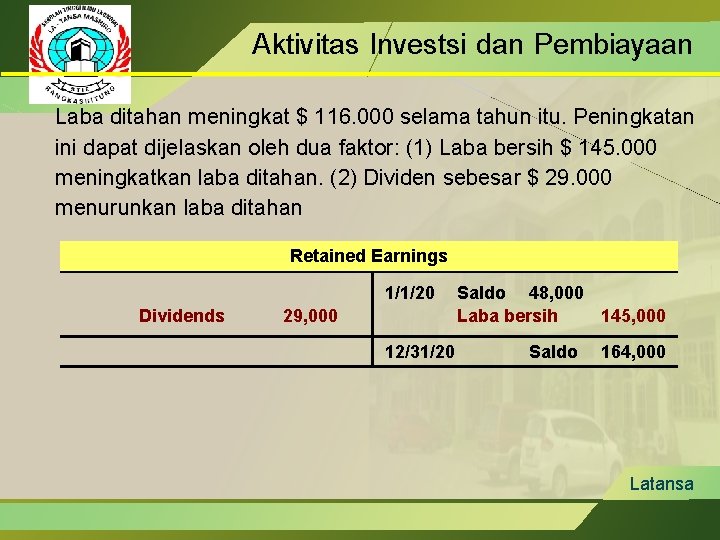 Aktivitas Investsi dan Pembiayaan Laba ditahan meningkat $ 116. 000 selama tahun itu. Peningkatan