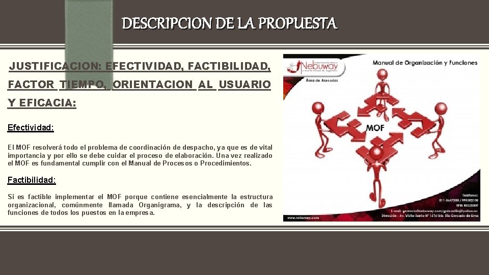 DESCRIPCION DE LA PROPUESTA JUSTIFICACION: EFECTIVIDAD, FACTIBILIDAD, FACTOR TIEMPO, ORIENTACION AL USUARIO Y EFICACIA: