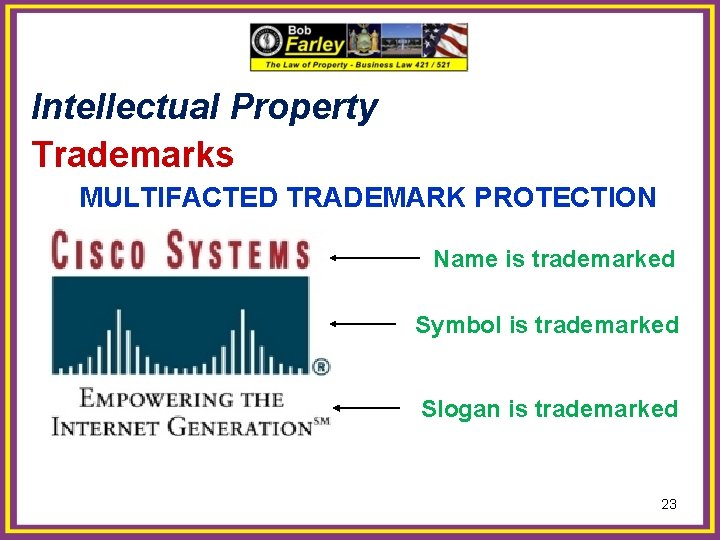 Intellectual Property Trademarks MULTIFACTED TRADEMARK PROTECTION Name is trademarked Symbol is trademarked Slogan is
