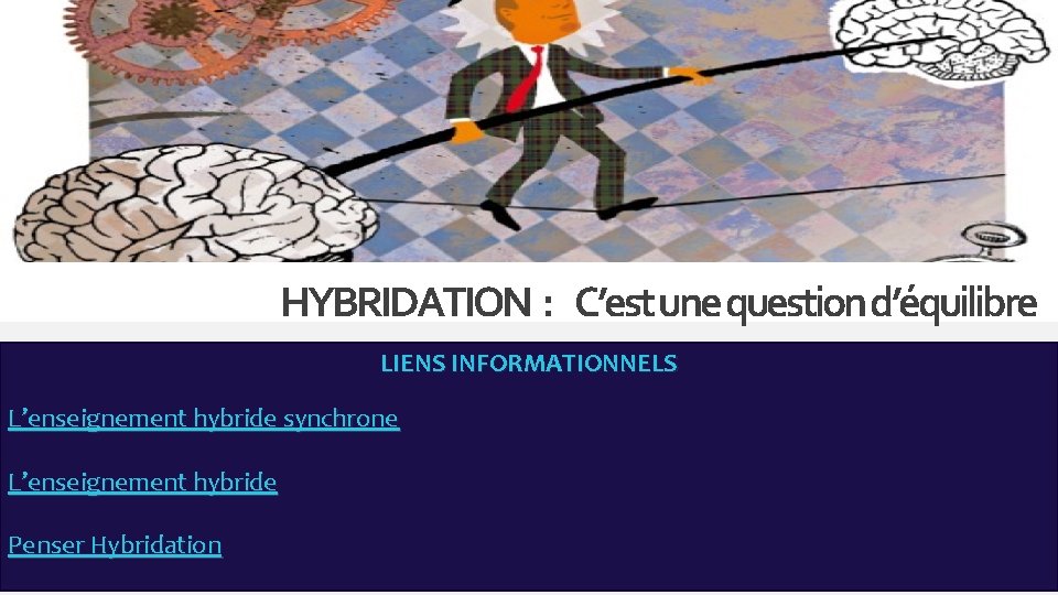 HYBRIDATION : C’est une question d’équilibre LIENS INFORMATIONNELS L’enseignement hybride synchrone L’enseignement hybride Penser