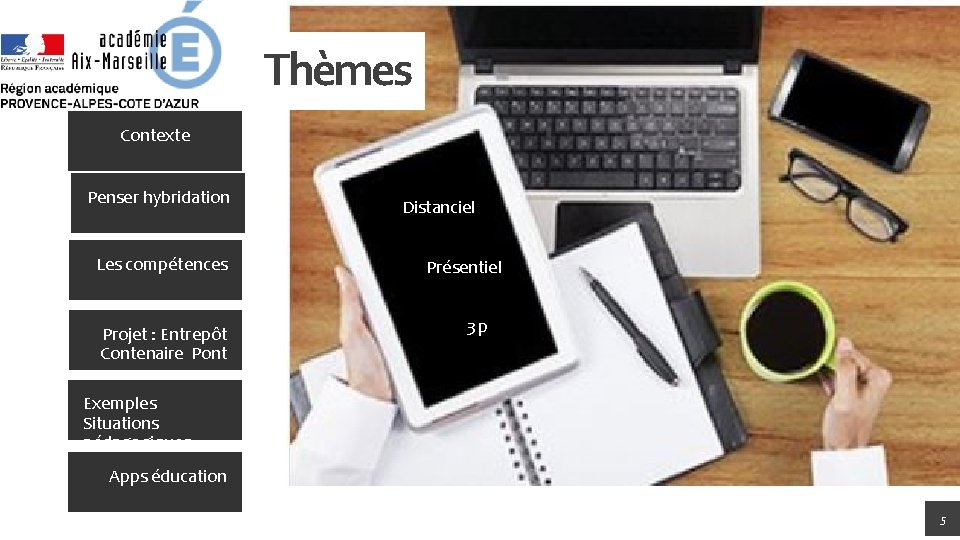 Thèmes Contexte Penser hybridation Les compétences Projet : Entrepôt Contenaire Pont Distanciel Présentiel 3