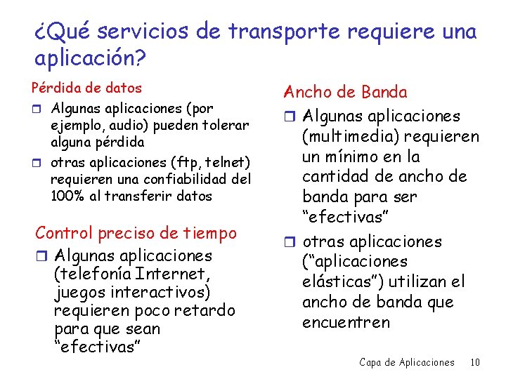 ¿Qué servicios de transporte requiere una aplicación? Pérdida de datos r Algunas aplicaciones (por