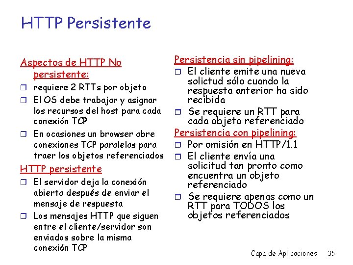 HTTP Persistente Aspectos de HTTP No persistente: r requiere 2 RTTs por objeto r