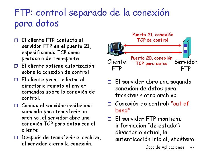 FTP: control separado de la conexión para datos Puerto 21, conexión TCP de control