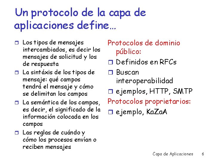 Un protocolo de la capa de aplicaciones define… r Los tipos de mensajes intercambiados,