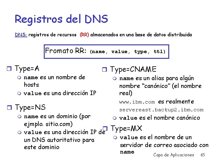 Registros del DNS: registros de recursos (RR) almacenados en una base de datos distribuida