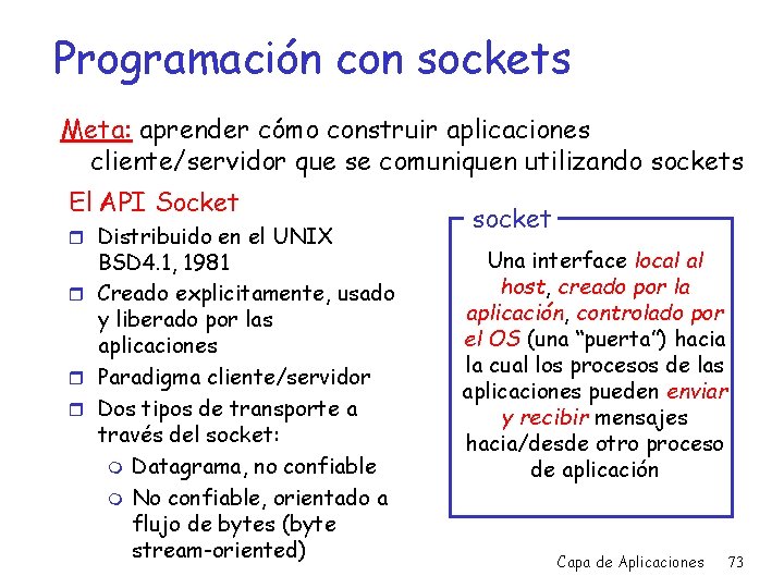 Programación con sockets Meta: aprender cómo construir aplicaciones cliente/servidor que se comuniquen utilizando sockets