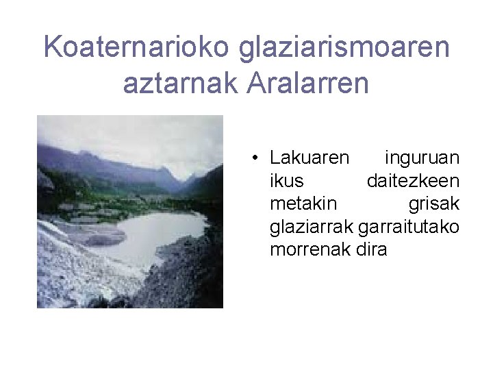 Koaternarioko glaziarismoaren aztarnak Aralarren • Lakuaren inguruan ikus daitezkeen metakin grisak glaziarrak garraitutako morrenak