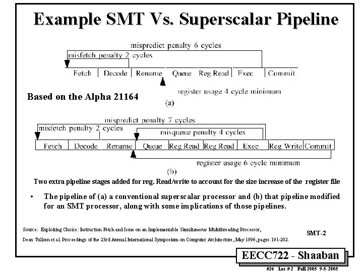 Example SMT Vs. Superscalar Pipeline Based on the Alpha 21164 Two extra pipeline stages