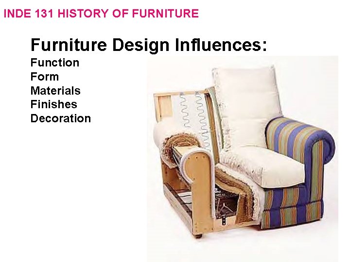 INDE 131 HISTORY OF FURNITURE Furniture Design Influences: Function Form Materials Finishes Decoration 