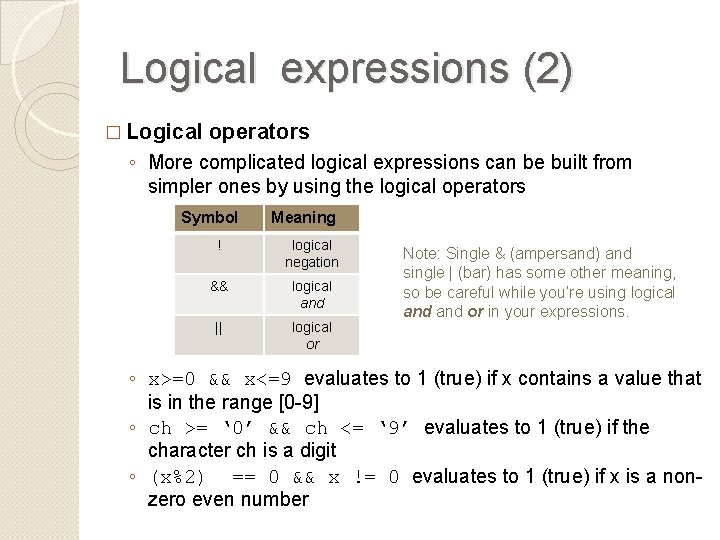 Logical expressions (2) � Logical operators ◦ More complicated logical expressions can be built