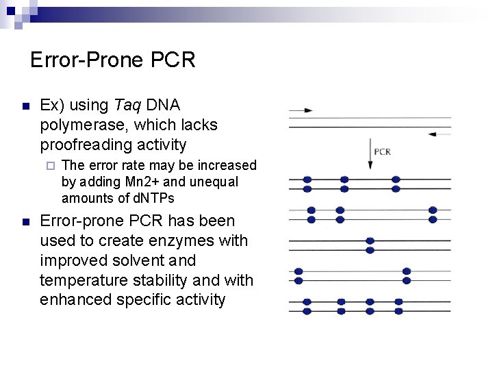 Error-Prone PCR n Ex) using Taq DNA polymerase, which lacks proofreading activity ¨ n