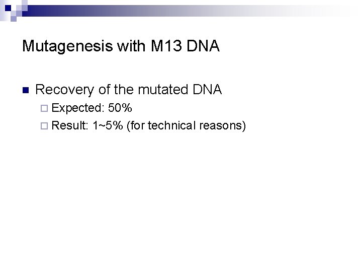 Mutagenesis with M 13 DNA n Recovery of the mutated DNA ¨ Expected: 50%