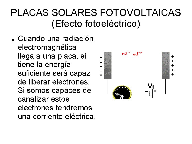 PLACAS SOLARES FOTOVOLTAICAS (Efecto fotoeléctrico) Cuando una radiación electromagnética llega a una placa, si