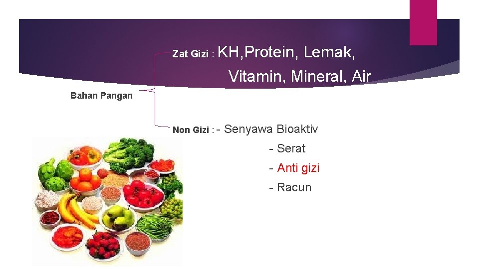 Zat Gizi : KH, Protein, Lemak, Vitamin, Mineral, Air Bahan Pangan Non Gizi :