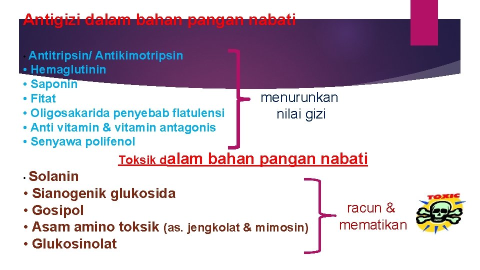 Antigizi dalam bahan pangan nabati • Antitripsin/ Antikimotripsin • Hemaglutinin • Saponin • Fitat
