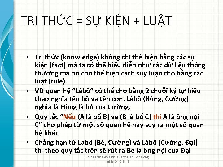 TRI THỨC = SỰ KIỆN + LUẬT • Tri thức (knowledge) không chỉ thể