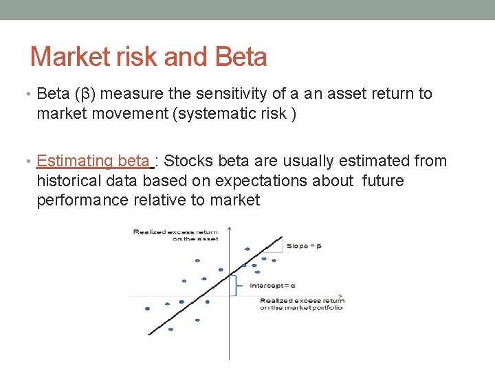 Market risk and Beta • Beta (β) measure the sensitivity of a an asset