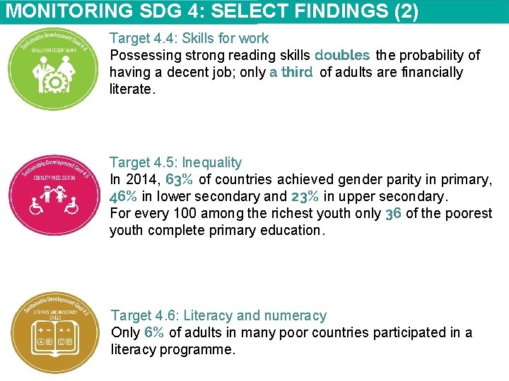 MONITORING SDG 4: SELECT FINDINGS (2) Target 4. 4: Skills for work Possessing strong