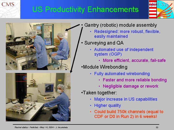 US Productivity Enhancements • Gantry (robotic) module assembly • Redesigned: more robust, flexible, easily