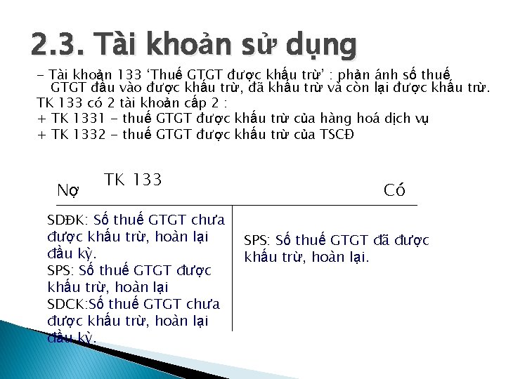 2. 3. Tài khoản sử dụng - Tài khoản 133 ‘Thuế GTGT được khấu