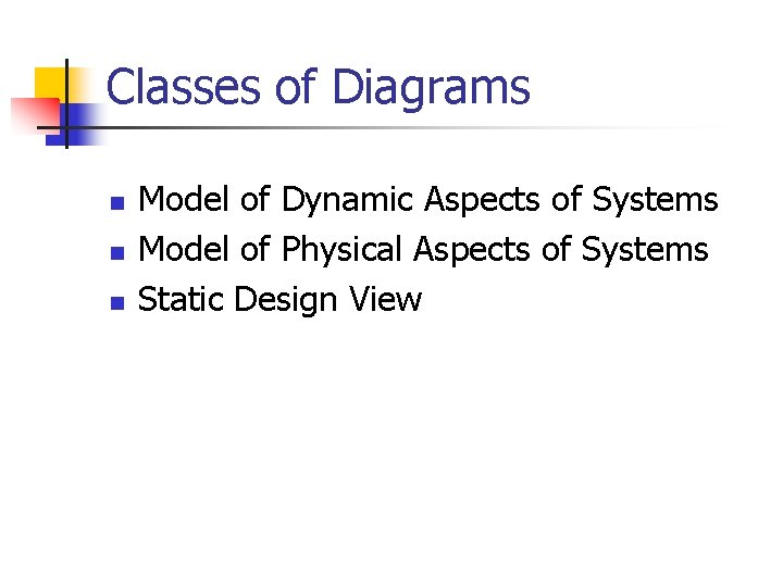 Classes of Diagrams n n n Model of Dynamic Aspects of Systems Model of