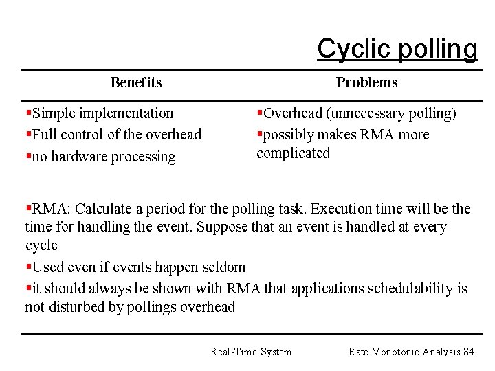 Cyclic polling Benefits §Simplementation §Full control of the overhead §no hardware processing Problems §Overhead