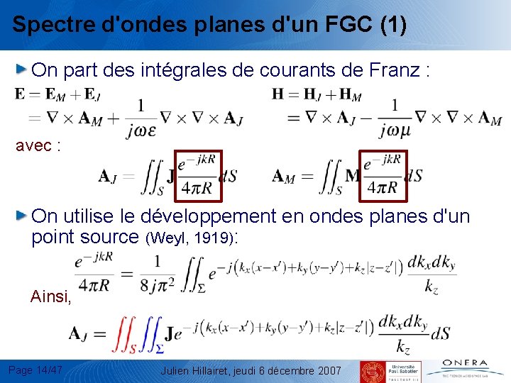 Spectre d'ondes planes d'un FGC (1) On part des intégrales de courants de Franz