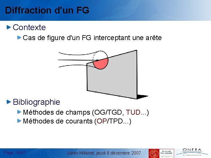 Diffraction d'un FG Contexte Cas de figure d'un FG interceptant une arête Bibliographie Méthodes