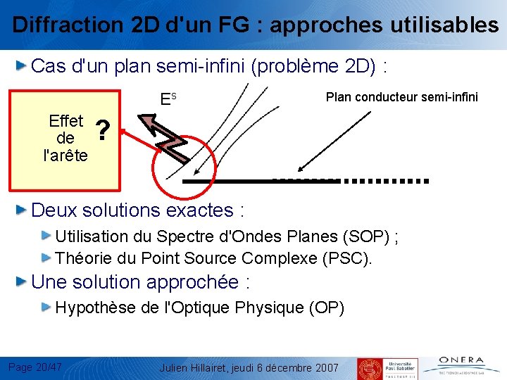 Diffraction 2 D d'un FG : approches utilisables Cas d'un plan semi-infini (problème 2