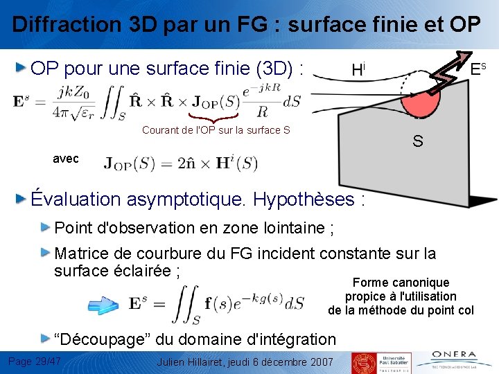 Diffraction 3 D par un FG : surface finie et OP OP pour une