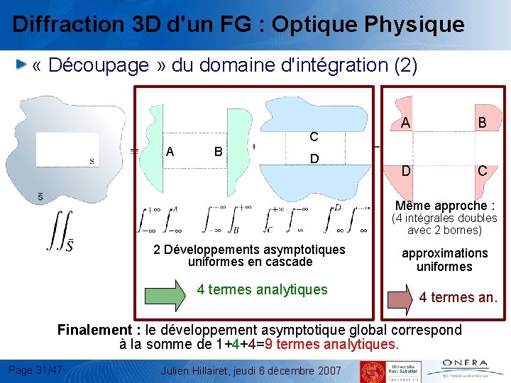Diffraction 3 D d'un FG : Optique Physique « Découpage » du domaine d'intégration