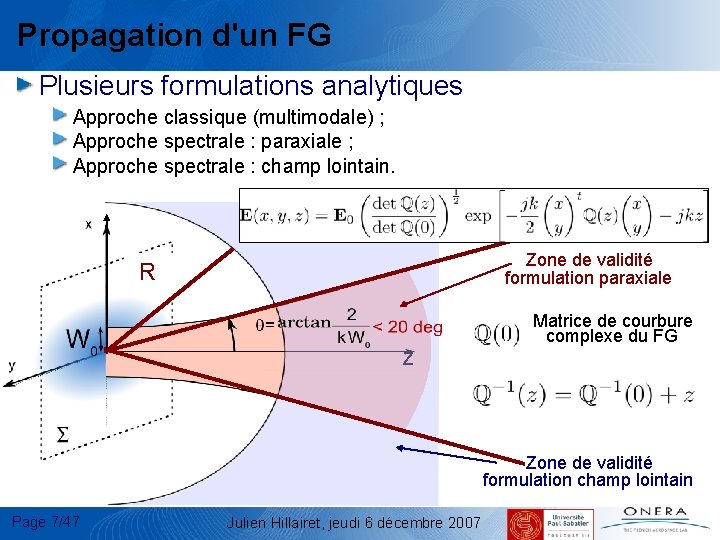 Propagation d'un FG Plusieurs formulations analytiques Approche classique (multimodale) ; Approche spectrale : paraxiale