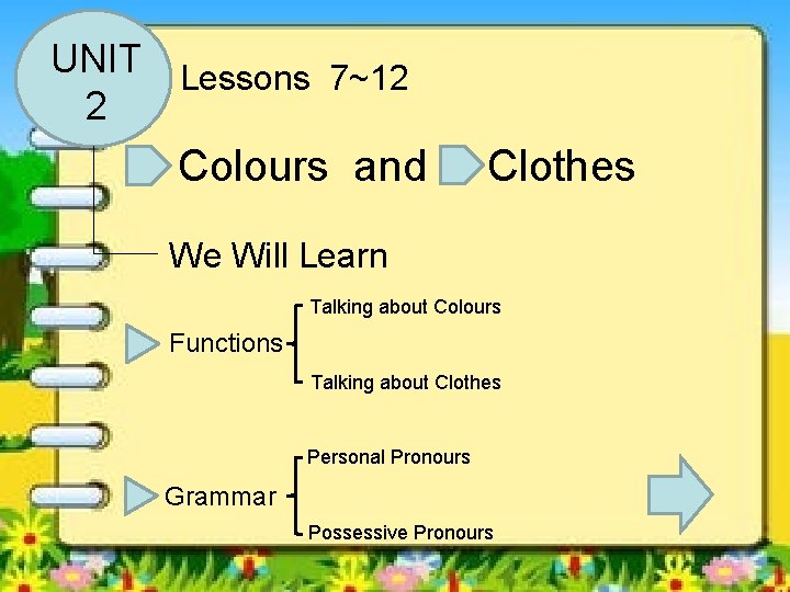 UNIT Lessons 7~12 2 Colours and Clothes We Will Learn Talking about Colours Functions